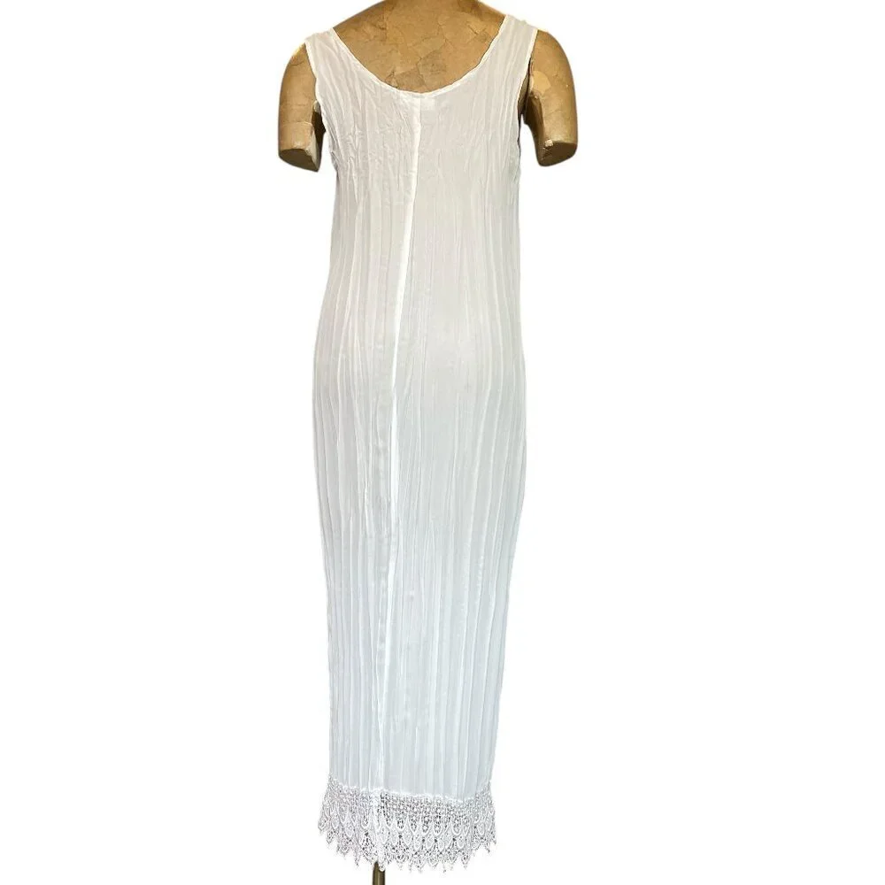 VTG Classique by Shawn Ivory Sheer Crinkle Pleated Crochet Hem Maxi Dress 276L - Picture 5 of 8